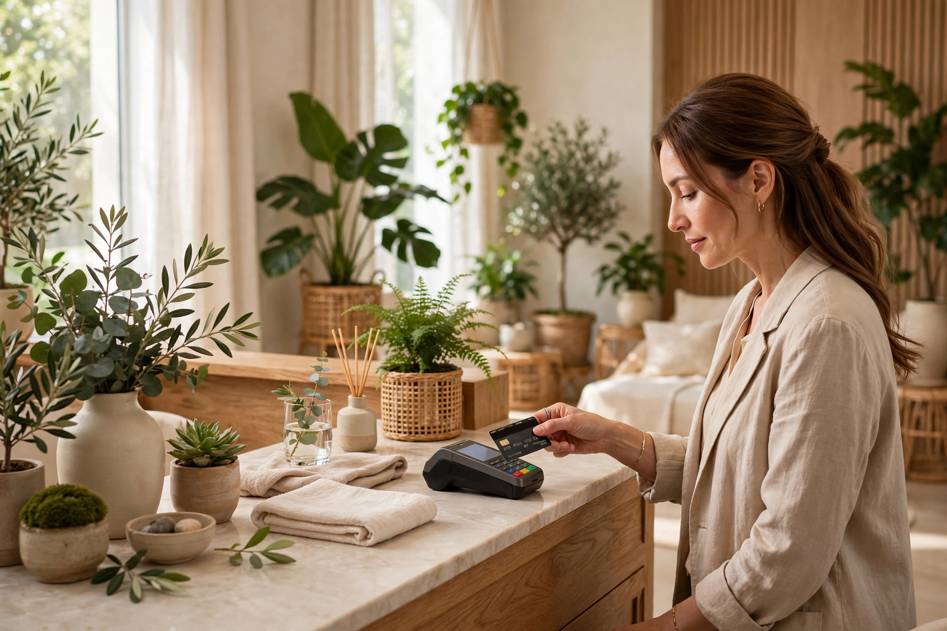 Customer paying by card at a beauty salon reception