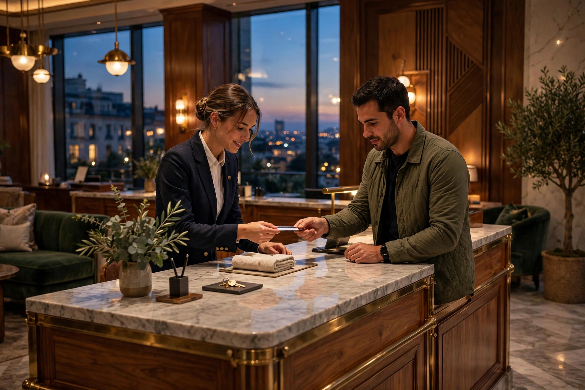 Guest settling the bill at a hotel reception desk