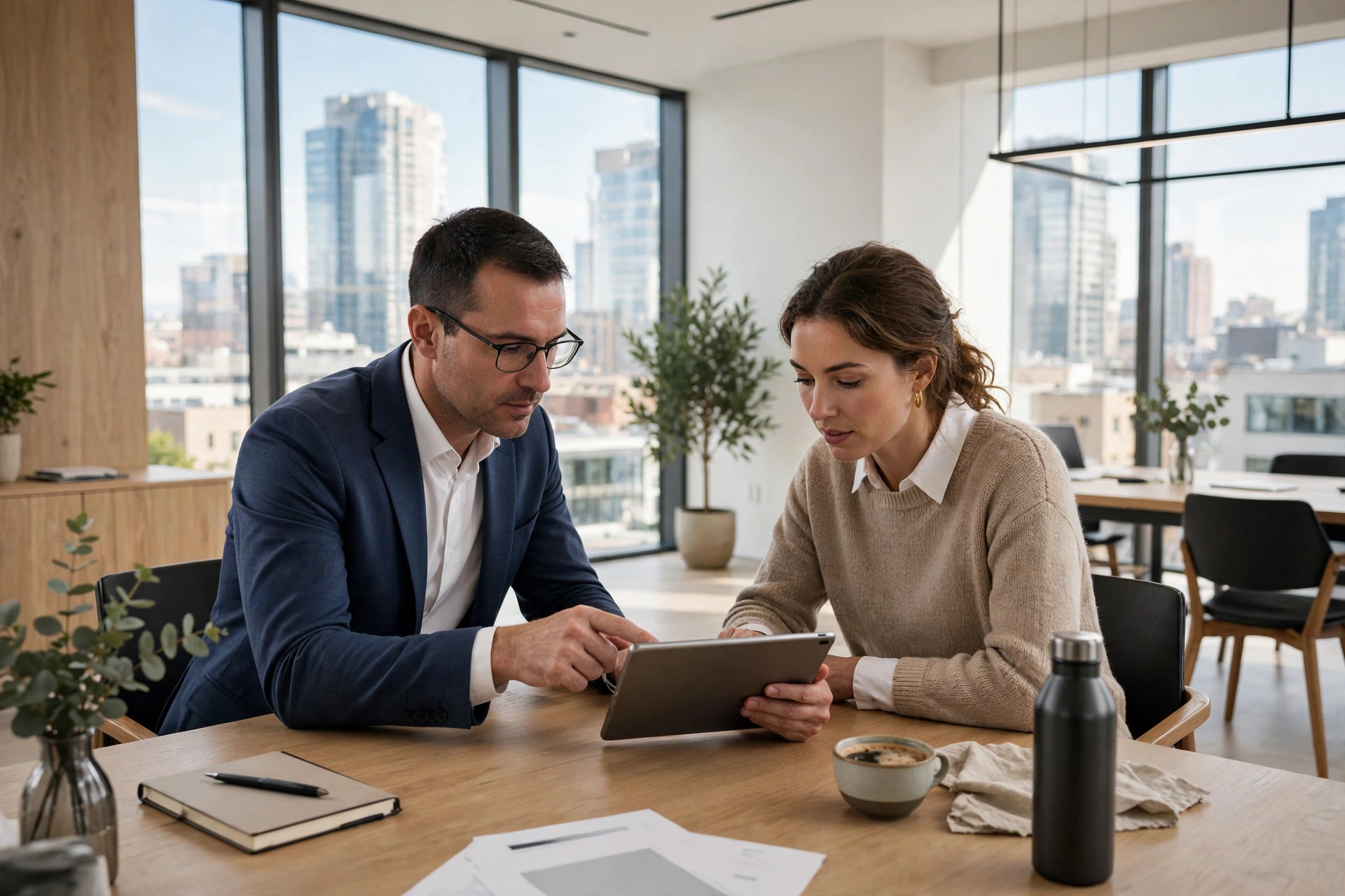 Advisor and client reviewing a tablet in a modern office