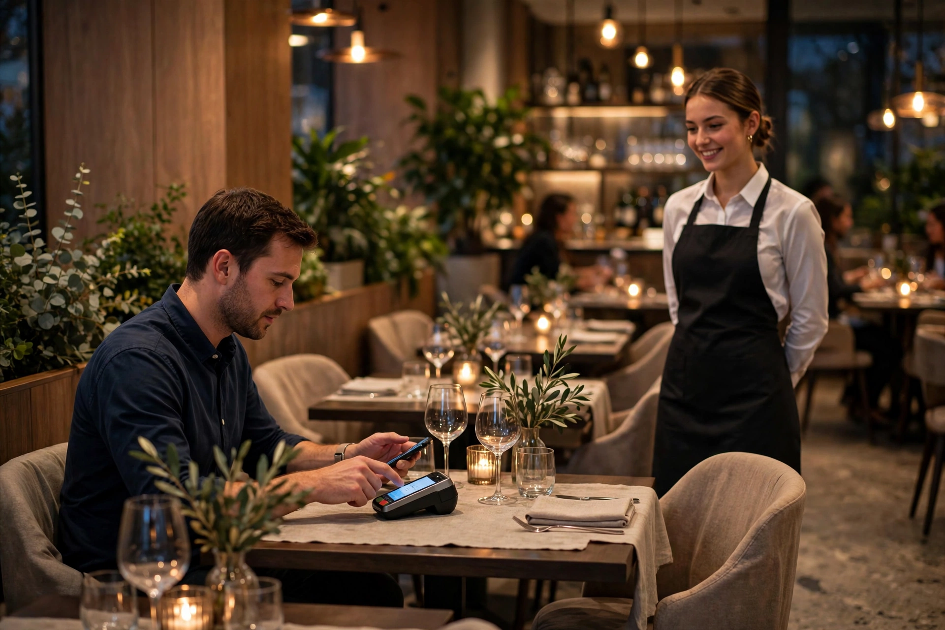 Guest paying by smartphone at a restaurant table