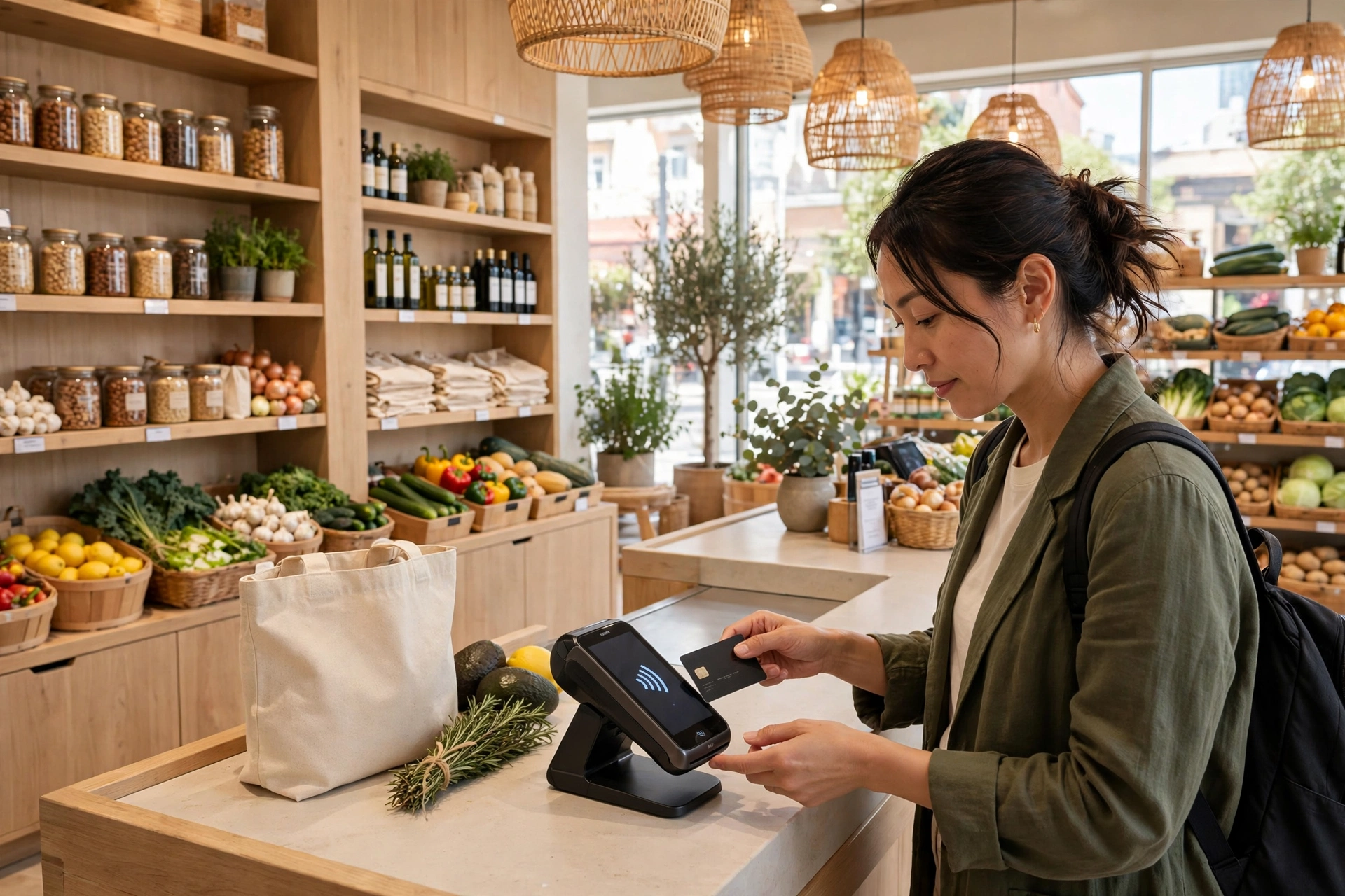 Customer paying contactless at a grocery checkout